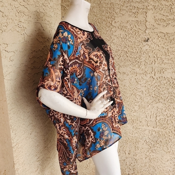 Carmen Carmen Marc Valvo Black, Blue, and Orange See Through Floral Print Flowy - Picture 5 of 8